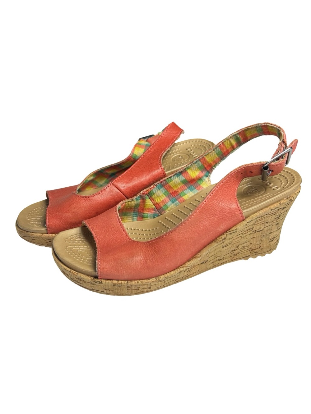 Crocs A-Leigh Coral Leather Cork Wedge Slingback Sandals Size 6